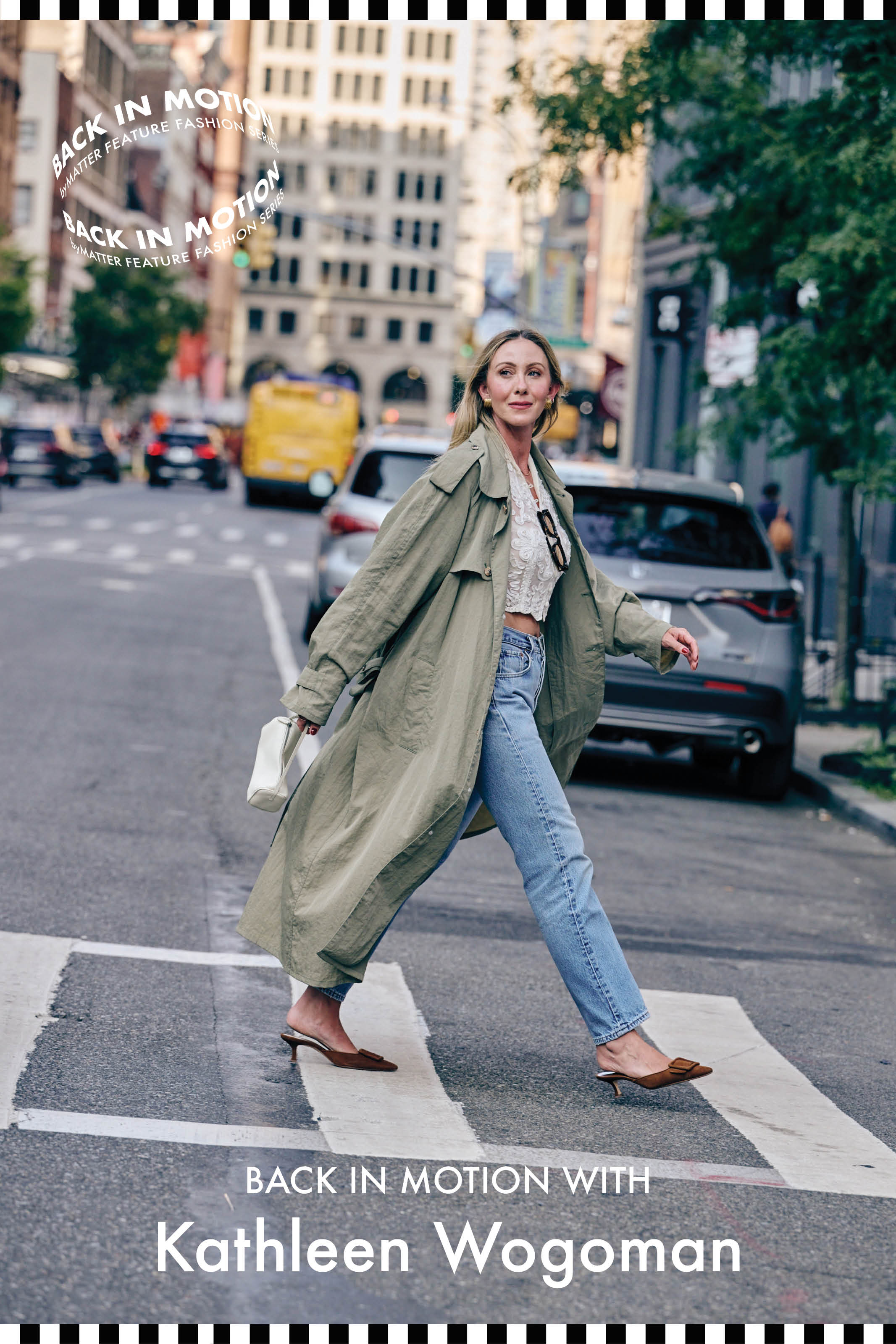 Stylist walking across busy NYC street in Manolo Blahnik Shoes